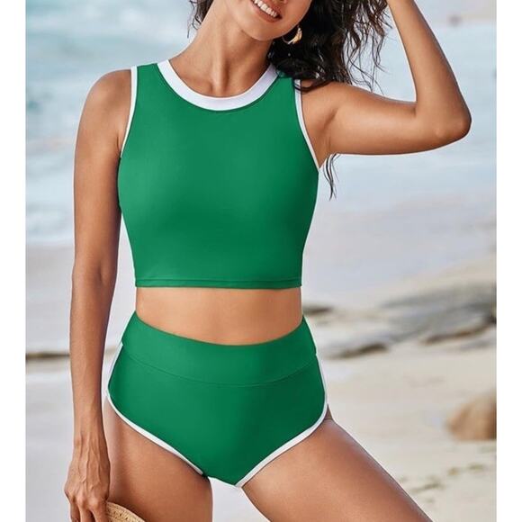 Women's High Waisted Bikini Set Crew Neck Color Block Sporty Swimsuit Green‎ S - Picture 1 of 8